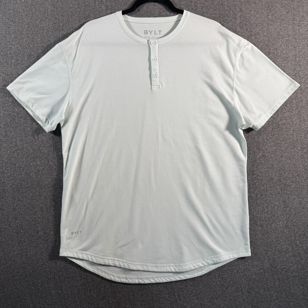 BYLT Shirt Mens XL Light Teal Drop-Cut Henley Short Sleeve Stretch
